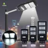 Lampione stradale solare integrato Sensore di movimento radar 30W 60W 90W Illuminazione esterna Temporizzazione e telecomando Luci da parete da giardino impermeabili IP67 per cortile Plaza