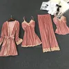 Vinter sammet pyjamas uppsättning för kvinnor mjuk hålla varm sexig sovkläder pjs 4pcs full ärm rem Nattgong Bath Robe Lingerie kostym LJ200814