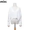 Aproms Gland Deep V Pull tricoté Femme Automne Hiver Blanc Manches longues Tricot Crochet Pulls Femmes Cropped Jumper Pull Top 201221