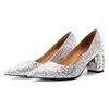 Pumpar Kvinnor Bröllop Skor Glitter Sexig Högklackat Pearl 7cm Block Heel Crystal Fashion Bride Shoes Silver Ladies Spring1