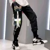 2021 mode Swag Streetwear hommes réfléchissant Hip Hop lâche Cargo pantalon hommes Joggers Graffiti ruban lin pantalon Techwear pantalon H1223