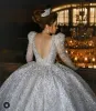 2022 Luxo lantejoulas vestidos de casamento vestido de baile de noiva mangas compridas mangas de beading cheira trem sem encosto tule quadrado pescoço tule dubai feitos sob encomenda plus size vestido de novia
