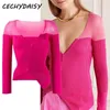 Runway Cardigan Kobiety Jesień Zima Sexy V Neck Patchwork Mesh Z Długim Rękawem Casual Szary Różowe Topy Dzianiny sweter Ubrania Za 201202