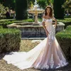 2022 Sexy Backless Krótki Rękaw Syrenki Suknie Ślubne Aplikacje Koronki Długi Ogród Plaża Suknie Ślubne Robe de Mariée Back Lace-Up Bride Dress Vestidos