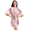 Floral Short Night Robe Sleepwear Women Amarra a cintura imitação de seda químicas de camisola de vestes de banheiro