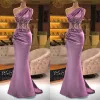 Purple Mermaid Evening Dresses Sleeveless One Shoulder Lace Applique Beaded Illusion Waist Satin Floor Length African Plus Size Prom Formal Gown Vestidos