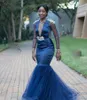 Illusion Front Navy Blue Avondjurken 2021 Elegante zeemeermin Zuid-Afrikaanse Plus Size Prom Dress Goedkope Lange mouw Damesjurk
