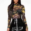 Mujeres Mesh Sheer Ver a través de la impresión Camisa Blusas Outwear Turtleneck Manga larga Tops Transparente Slim Shirt Bodycon Club Blusa H1230