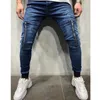 Mäns jeans mode män stretchy multi-pocket skinny pocket dragkedja penna pants casual byxor hip hop sweatpants