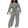 Sexy Women Tracksuits One Shoulder Long Sleeve Crop Top High Waist Wide Leg Pants Tracksuit Bandage Sporty Two Piece Set