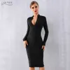 ADYCE 2020 nuove donne autunno vestito dalla fasciatura abiti sexy scollo a V manica lunga aderente Club Dress Midi Celebrity Evening Party Dress LJ200818