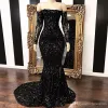 Vestidos Off The Shoulder Mermaid Prom Dresses 2022 Vintage Black Long Sleeve Sweep Strain Sequined Formal Evening Dress Party Gowns PRO232