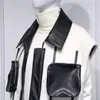 DEAT Woolen Patchwork Pockets PU Leather Jacket Vest Women Sleeveless Hit Color Straight Loose New Autumn Fashion AM850 201212