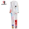 New Designer Pista di alta qualità Bianco Abito a due pezzi Giacca con un bottone Blazer Piedi Pantaloni Arte astratta Tintura Suit Donna 200923