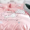 100％コットン子供女の子ピンクツインクイーンユニコーン寝具セットキングサイズベッドセット羽毛布団カバーフィットシートベッドシートセットベッドリネンT200706