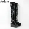 Sorbern Thigh High Chunky Buckle Boot Wedges Platform High Heels 5 Inch Round Toe Custom Drag Queen Crossdresser Boots Cosplay