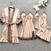 Sexy Women's Robe & Gown Sets Lace Bathrobe + Night Dress 4 Four Pieces Sleepwear Womens Sleep Set Faux Silk Robe Femme Lingerie T200111