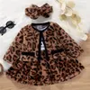 3Pcs Frühling Herbst Kinder Baby Mädchen Kleidung Set Brief Drucken Langarm Kleid Mode Leopard Mantel Stirnband Infant Kleinkind mädchen Kleidung