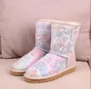 À la mode Roman U5825 femmes bottes de neige courtes peinture Graffiti garder au chaud botte en peau de mouton peau de vache en cuir véritable bottes en peluche imperméables avec carte de sac à poussière