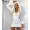 Rockmore Furry Long Sleeve Hooded Bodycon Mini Dresse White V Neck Fuzzy Dress Skinny Christmas Party Streetwear Winter 211221