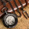 Steampunk Black Skeleton Hand Winding Mechanical Pocket Watch Men Women Watches Roman Numerals Dial FOB Pendant Chain Gift