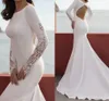 2022 Bridal Gown Mermaid Wedding Dresses Jewel Neck Court Train Lace Stretch Satin Long Sleeve Simple Backless Vestido De Noiva Robe De Mariage