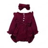 Newborn Kids Baby Girls Long Sleeve Cotton Linen Ruffled Romper+Headbands 2Pcs/Set Infant Jumpsuit Playsuit Clothes