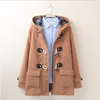 Duffle Coat Long Turn Down Horn Button Hooded Collar Woolen Overcoat Wide Waisted Manteau Femme Out Wear Winter Coats LJ201106