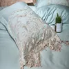 Dentelle coton égyptien Queen King Size Literie Ensemble Bleu Rose Or Ensemble de lit Drap-housse Housse de couette ropa de cama parrure de lit T200706