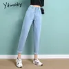 Yitimoky Jeans de cintura alta para mujer Pantalones de mezclilla azul cielo recto Tallas grandes Elástico lavado Casual Vintage Streetwear Mom Jeans Mujer 201029