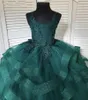 Princess Dark Green Ball Gown Girls Pageant Dresses 3D Appliques Ruched Ruffles Tulle Flower Girls Dresses Sweet 15 Quinceanera Prom Wears Custom Made BC14639