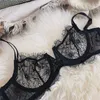 Wriufred Ultra-ince Dantel Perspektif Lingerie Seksi Underwired ve Külot Setleri Yarım Fincan Toplandı Iç Çamaşırı Set Siyah Sutyen Y200708