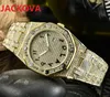 Grote Diamanten Ring Mannen Arabisch Nummer Horloge President Quartz Mannelijke Tijdklok Kalender Set Gift Roestvrij Stalen Horloges