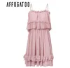 Affogatoo Elegante Ruffle Off Shoulder Strap Verão Rosa Vestido Mulheres Chiffon Chiffon Plissado Vestido Azul Solto Férias Short