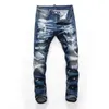 Tops Men Ripped Painted Dark Blue Jeans Fashion Designer Slim Fit Low Waist Biker Denim Pants Hip Hop Trousers NJ7912306E