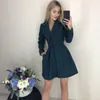 Women Vintage Sexy Party Dress Long Sleeve V neck Solid Elegant Casual A-line Dress Autumn New Fashion Dress