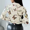 2021 Kvinnor Casual Shirts Butterfly Chain Print Blue Long Sleeve Button Design Shirt Office Lady Tops F0114