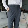2021 дизайн мужчины высокие талии брюки твердого англия деловые повседневные костюмы брюки ремень прямой тонкий подходит нижняя белая одежда 220214