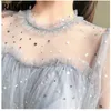 Nouveautés été femmes robe en dentelle paillettes appliques A-ligne maille patchwork solide robe fée manches longues genou longueur robe T200526