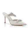 Fashion-Luxury Populära Sandaler Skor Satin Mules Kvinnor Pumpar Leaf Crystal-Utsmyckning Tofflor Sexig Pekad Toe Lady High Heels
