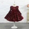 Flower Girls 'Dresses Sequin Burgundy Baby Velvet Full Sleeves Blommor Klänning Knee Längd Klänningar Bow Puffy First Communion