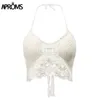Aproms Boho White Lace Tassel Knitted Camis Women Summer Sexy Backless Hollow Out Beach Tank Tops Casual Halter Crop Top 2020 LJ200818