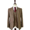 Dostosowywanie Made Slim Fit Garnitury Dla Mężczyzn Retro Wool Brown Herringbone Tweed Suknia Ślubna Niestandardowe Męskie 3 Sztuka Kostium Blazers 201106