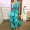 2020 Turkos blomma Lace Mermaid Evening Dresses Cascading Ruffles Gonna Feather Crystal High Side Split Prom Lacks Ruffles Formella Klänningar