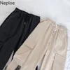 Neploe Hip Hop Streetwear Femmes Cargo Pantalon Taille Haute Poches Ruban Pantalon Femme Lâche Tout Match Nouvelle Mode 90230 201031