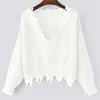 Sweater de malha para mulheres Spring Autumn Ripped V Pesh Neck Sweater Pullovers