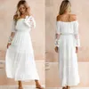 WildPinky Summer Sundress Women White Beach Dress Strapless Long Sleeve Loose Sexy Off Shoulder Lace Boho Chiffon Maxi Dress Y0118