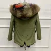 2020 brown raccoon Fur trim Mukla furs brand Fur Multi colour fox fur lined army green mini parka warm jackets winter snow coats