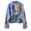 Mulheres jaquetas 2024 denim jaqueta primavera outono graffiti rebite jean feminino buracos moda menina outerwear casaco