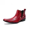 New Red Pointed Toe Men Ankel Boots Äkta Läder Botas Hombre Cowboy Militär Stövlar Prom Klänning Skor